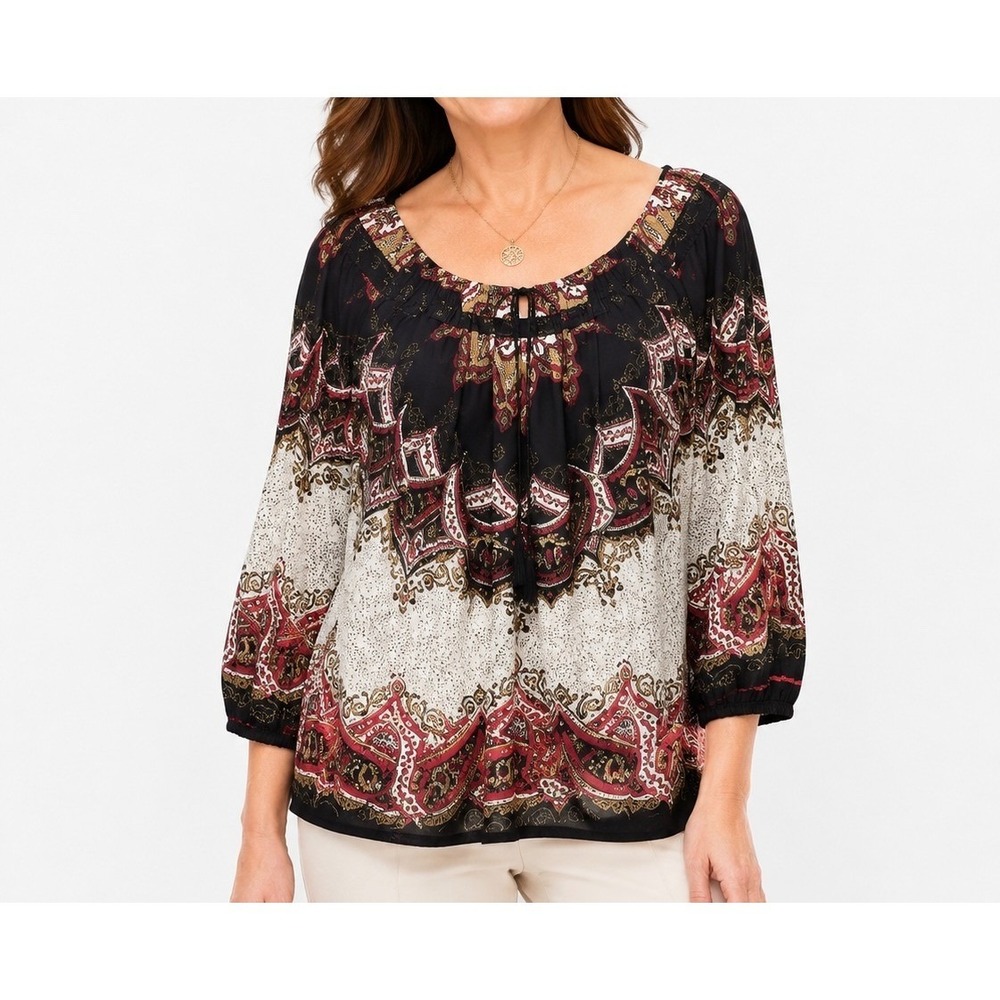 Nicole by Nicole Miller Boho Paisley  3/4 Sleeve Blouse Black Red Size 10